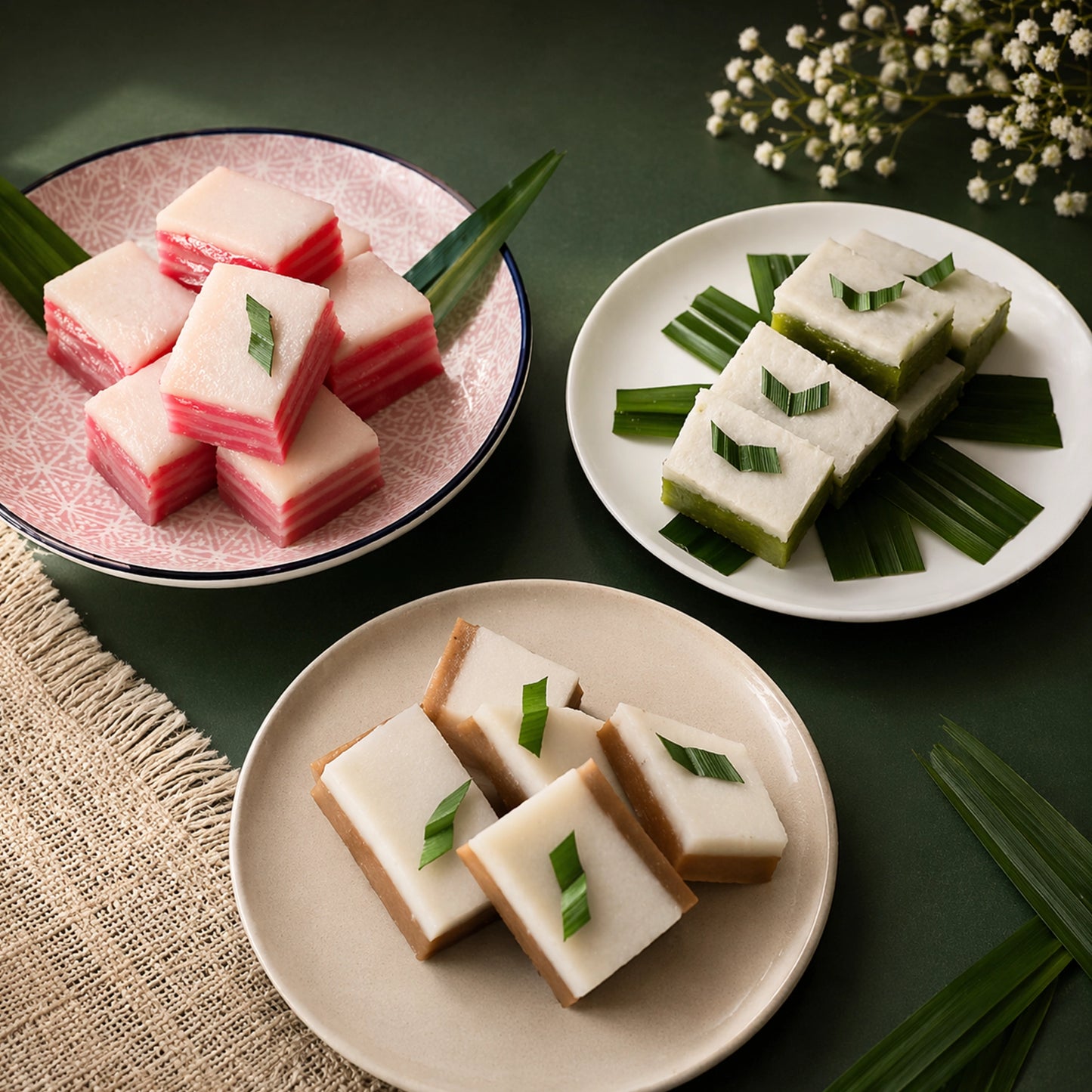 Kuih Talam / Layered Pandan and Coconut Custard Cake - Box of 10 Pieces